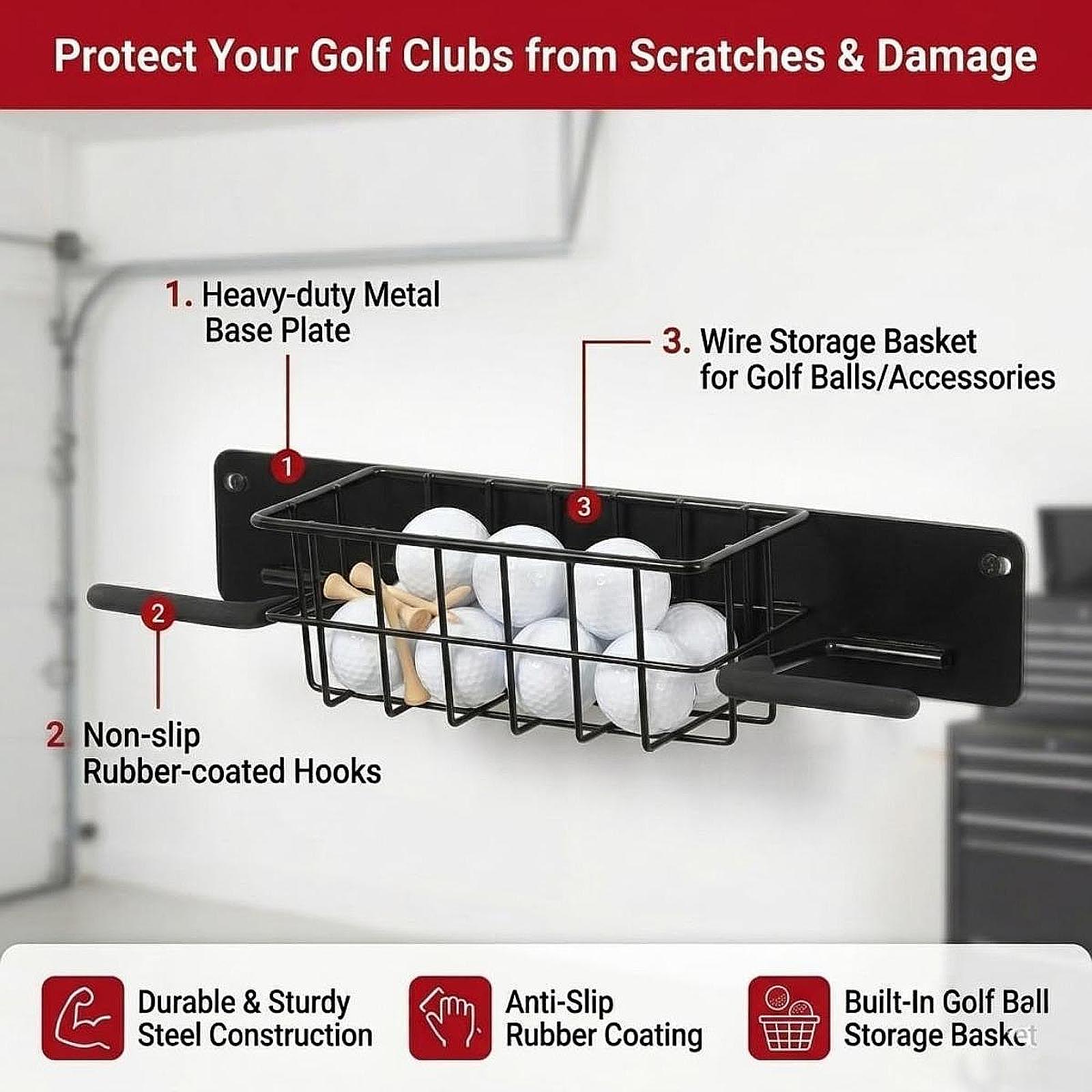 Golf Equipment Organizer For Garage - Platzsparender Golf-Ausrüstungs-Wandhalter Metall-Taschenhalter mit Aufbewahrungskorb Robuster