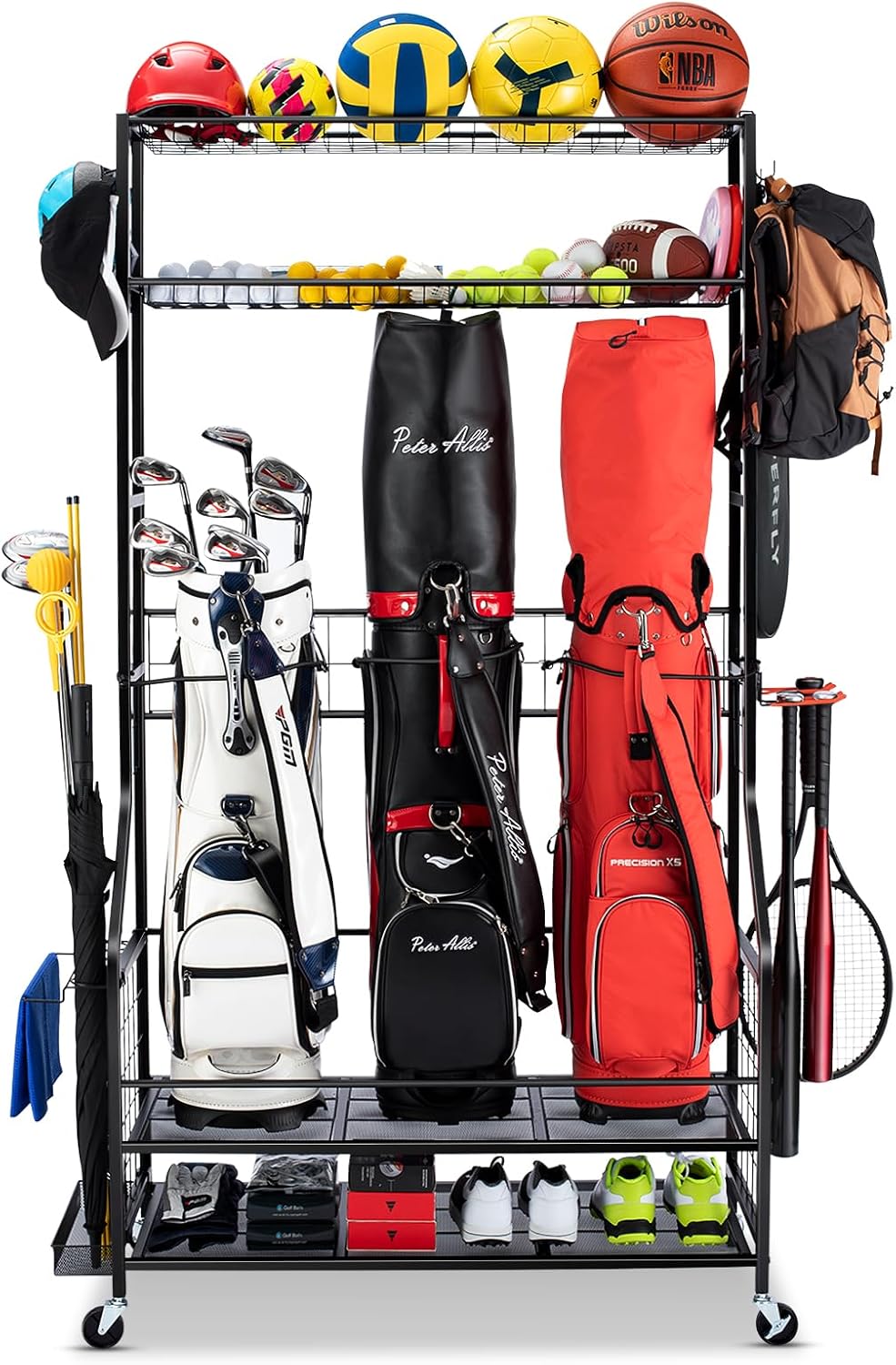 Golf Equipment Organizer For Garage - Golfbag-Aufbewahrungsorganizer, Schwerlast-Garagenausrüstungsständer mit Rädern, Stahl-Golfschlägerhalter, Aufbewahrungsregal,