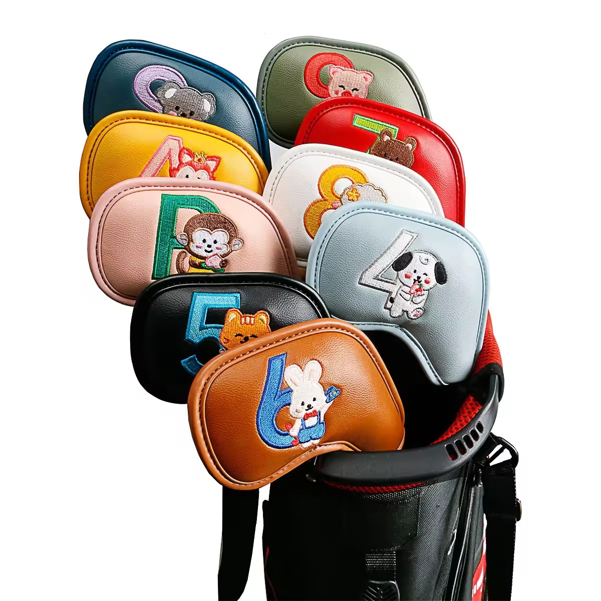 Golf Equipment Organizer - 9-teiliges Set Niedliche Cartoon-Tier Golf-Eisenkopfhüllen, PU-Leder