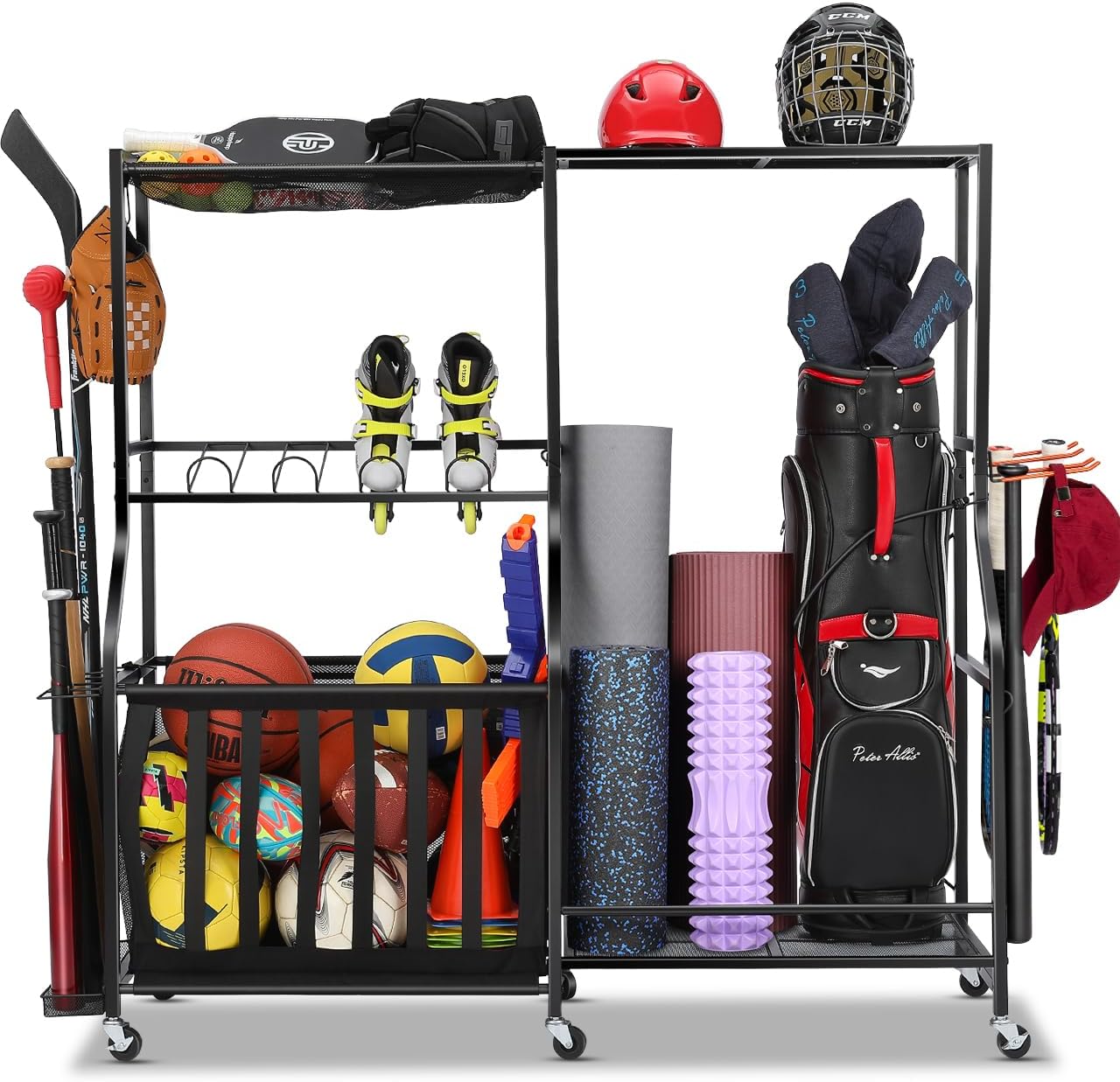 Golf Equipment Organizer For Garage - Garagen-Sportgeräte-Organizer mit Rädern, Golfbag-Aufbewahrungsregal, Ballaufbewahrungsbehälter, Robustes